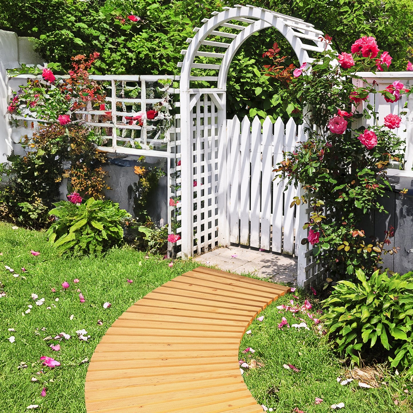 7 FT Wooden Garden Pathway Roll Out Curved Fir Wood Walkway with Anti-slip Surface-Natural