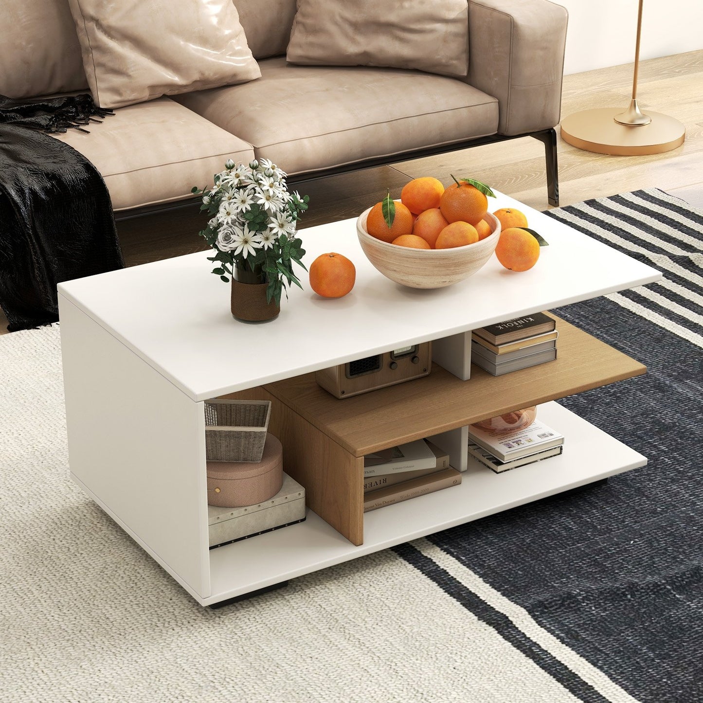 Rectangular Coffee Table with L-shaped Middle Shelf-Brown