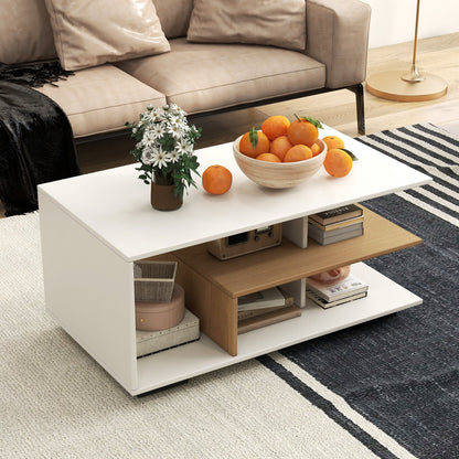 Rectangular Coffee Table with L-shaped Middle Shelf-Brown