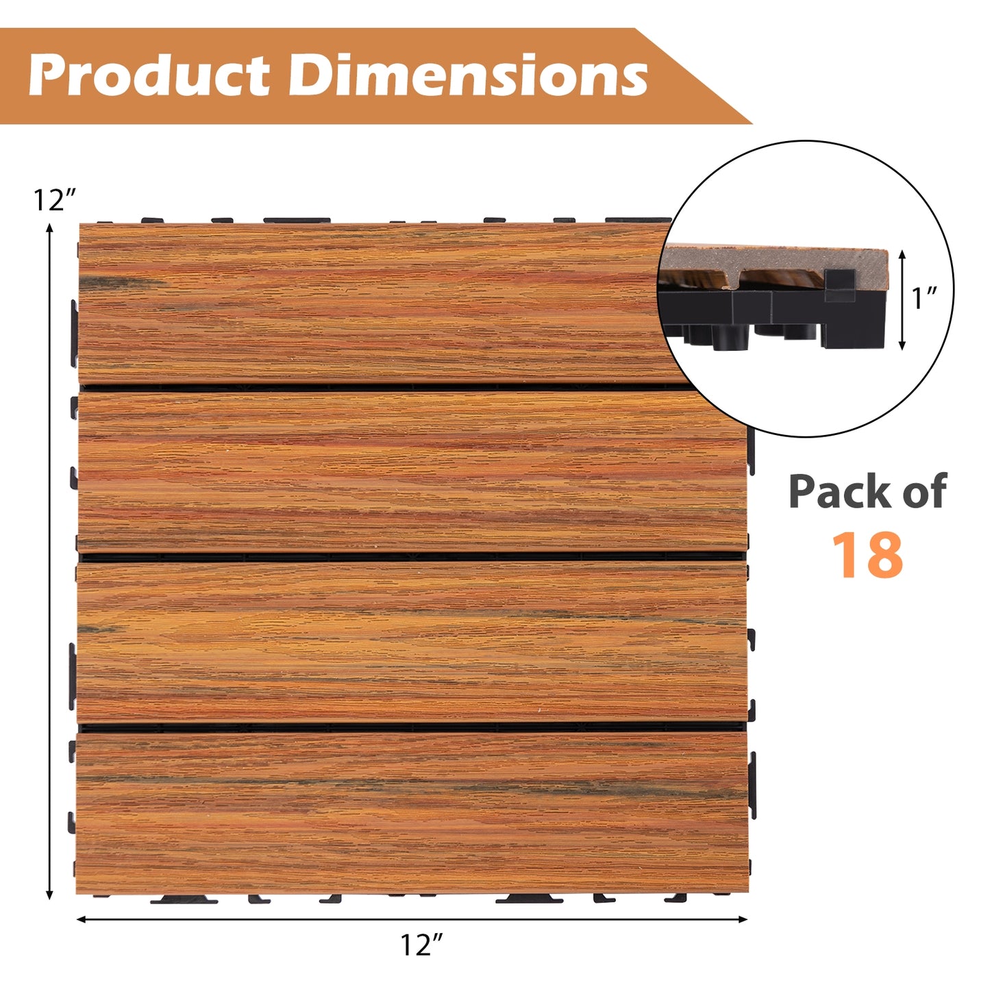 18 Pieces 12 x 12 Inch Interlocking Deck Tiles for 1.7㎡ Total Splicing Area-Brown