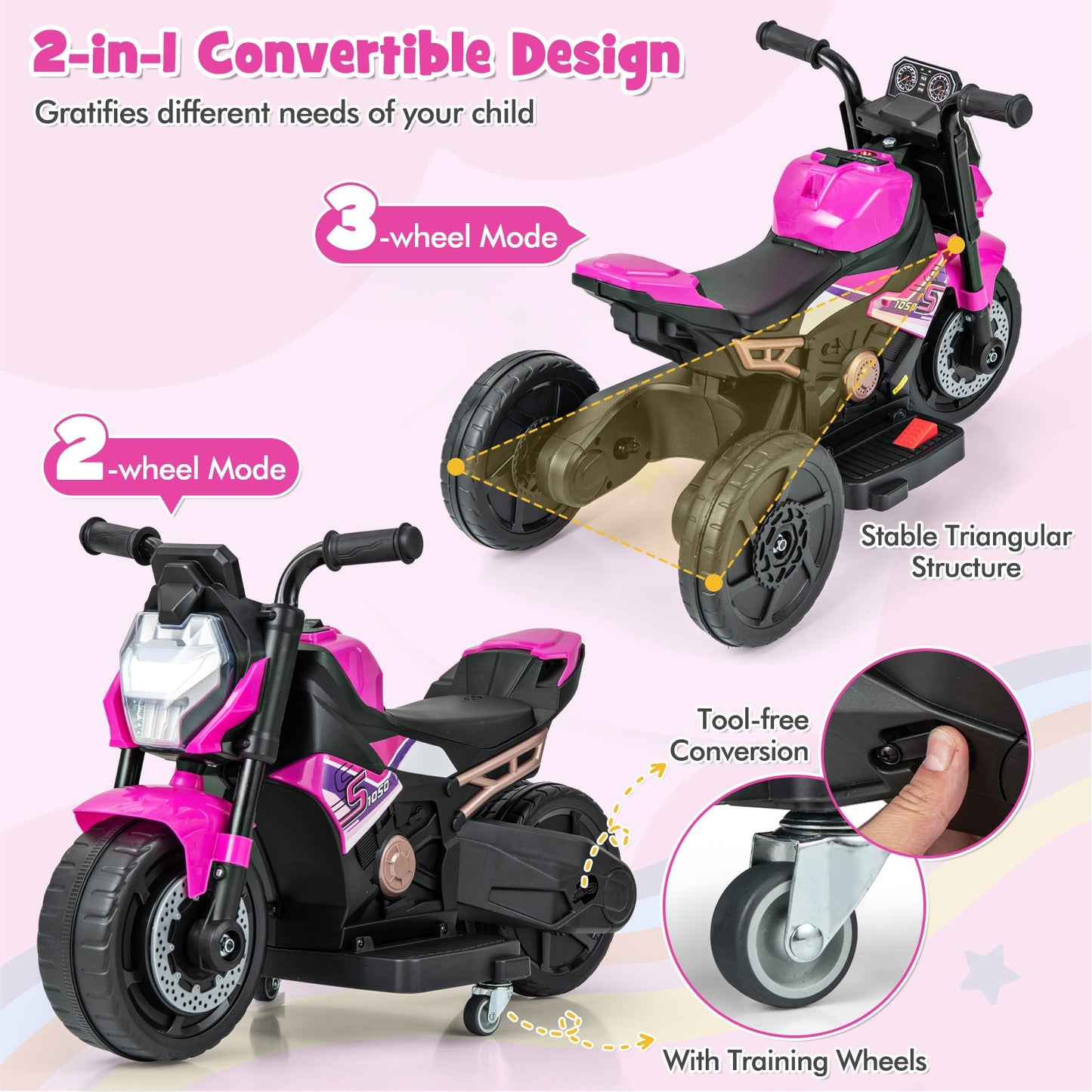 Kids Ride-on Motorcycle 6V Battery Powered Motorbike with Detachable Training Wheels-Pink