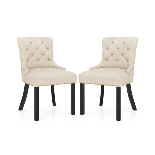Upholstered Dining Chairs Set of 2 Tufted Wingback Chairs with Rubber Wood Legs-Beige