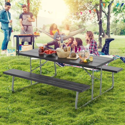 Folding Picnic Table Set with Metal Frame and All-Weather HDPE Tabletop  Umbrella Hole-Black