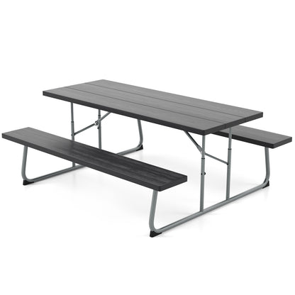 Folding Picnic Table Set with Metal Frame and All-Weather HDPE Tabletop  Umbrella Hole-Black
