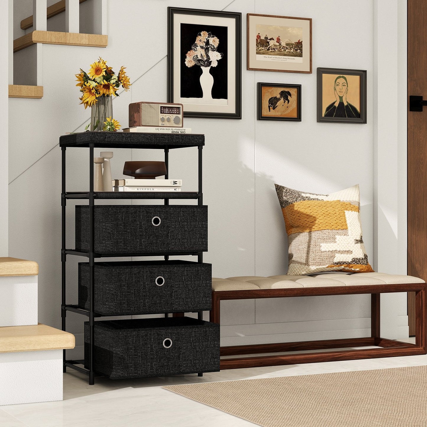 Dresser with 3/4 Drawers Fabric Storage Tower with Wood Top and Metal Frame-M