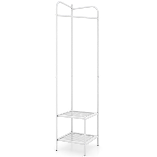 Corner Coat Rack with Top Hanger and 2 Mesh Shelves for Entryway Hallway Living Room Bedroom-White
