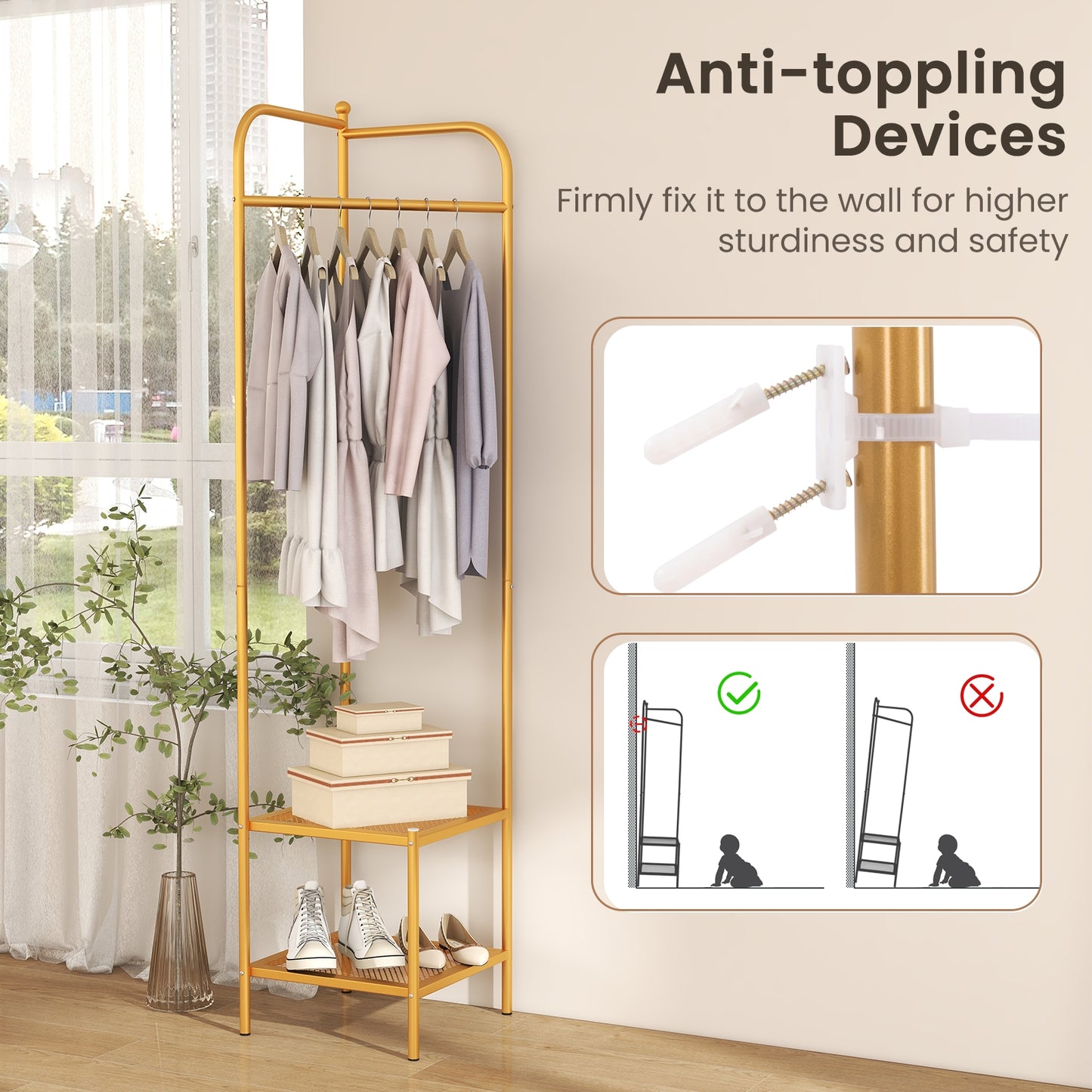 Corner Coat Rack with Top Hanger and 2 Mesh Shelves for Entryway Hallway Living Room Bedroom-Golden