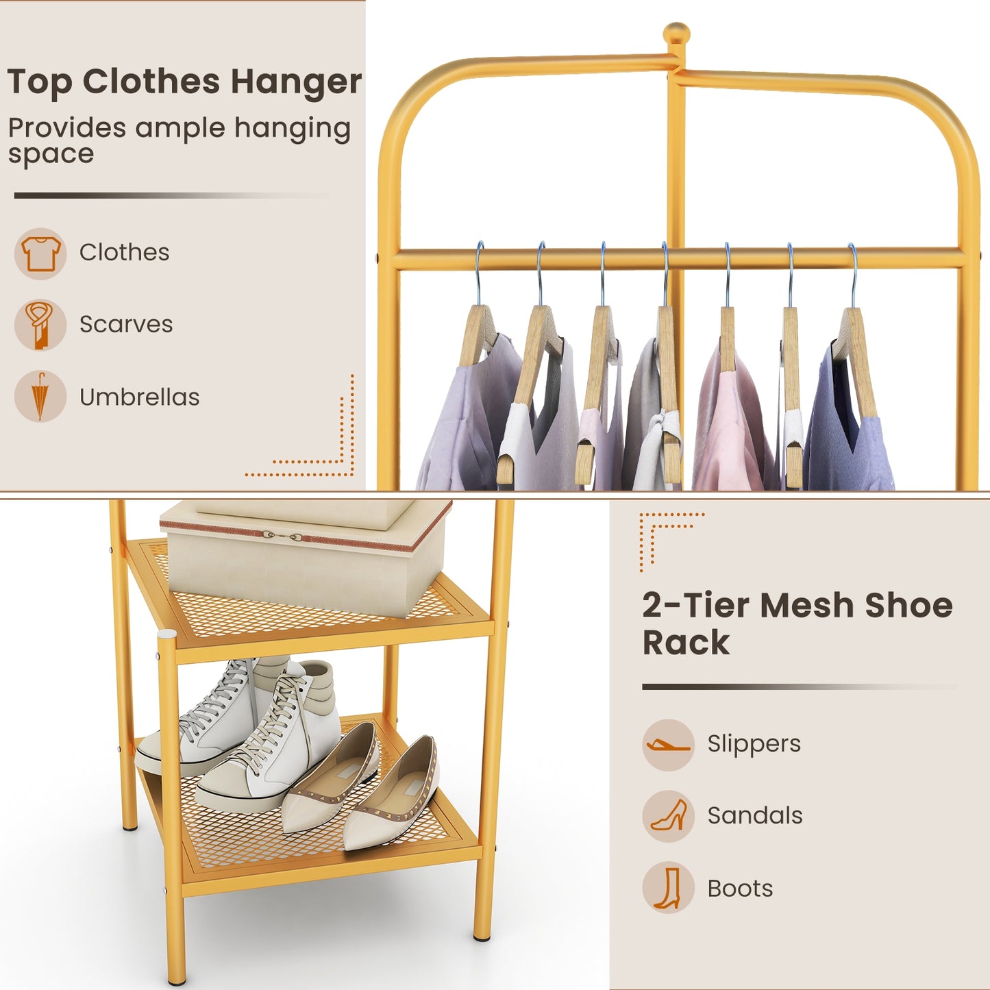 Corner Coat Rack with Top Hanger and 2 Mesh Shelves for Entryway Hallway Living Room Bedroom-Golden