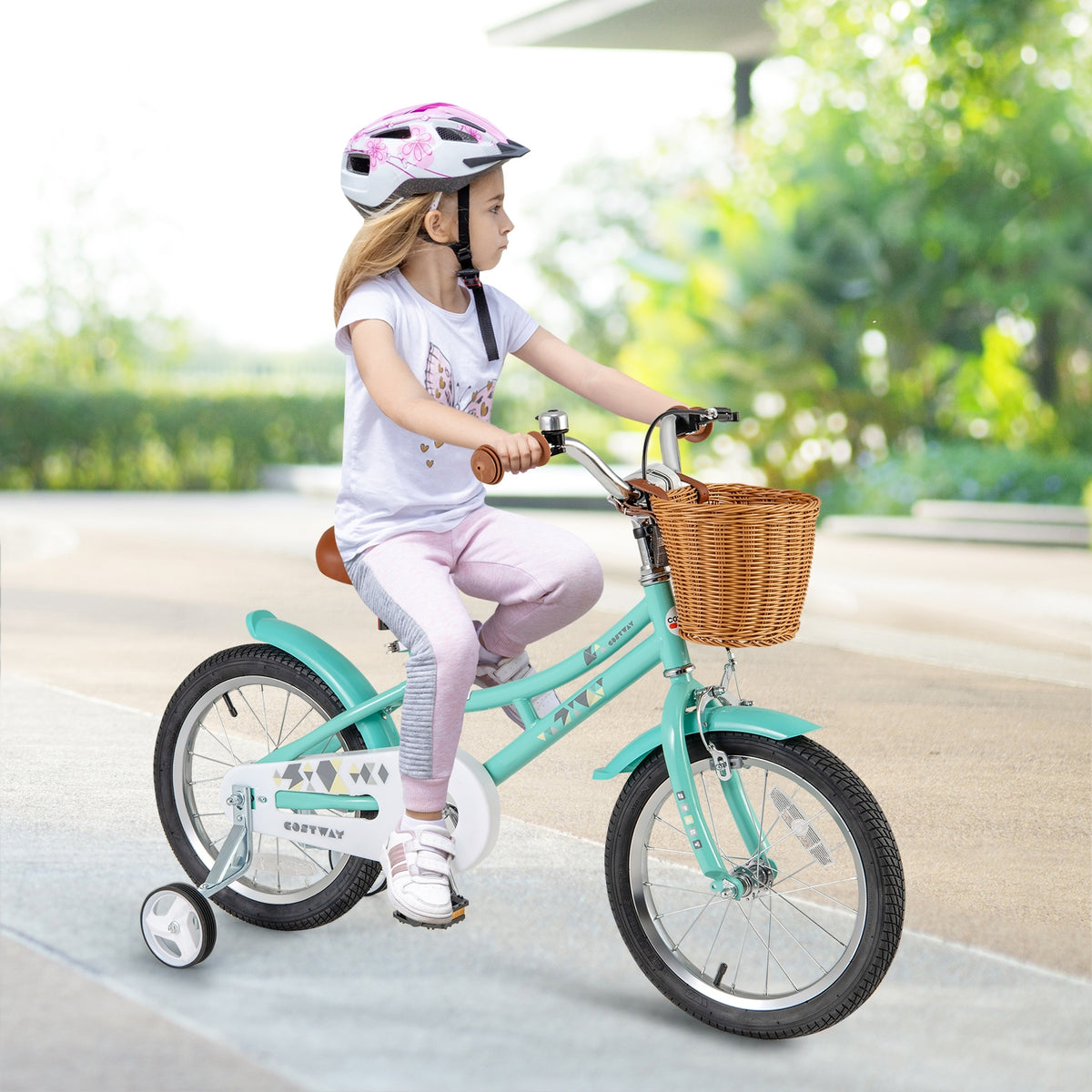 16-inch kids bike with training wheels, dual brake system, colorful frame, suitable for ages 4-7, designed for safe riding.