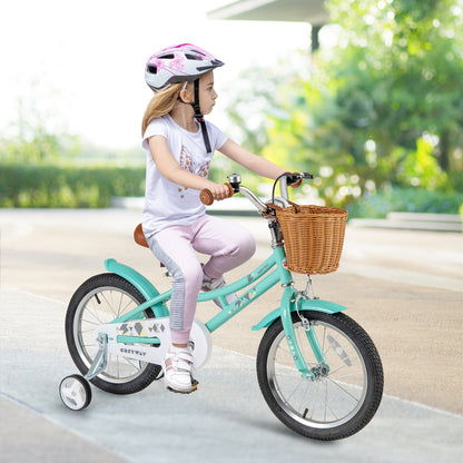 16-inch kids bike with training wheels, dual brake system, colorful frame, suitable for ages 4-7, designed for safe riding.