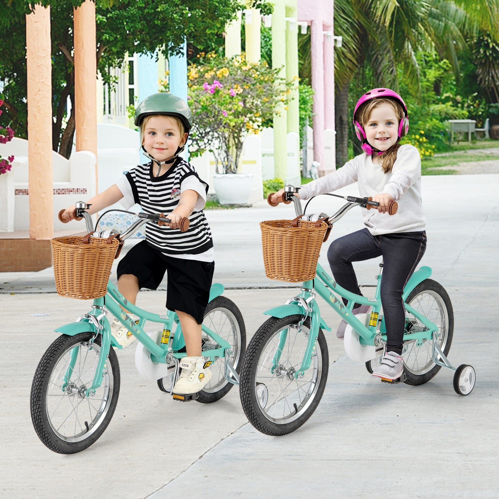 16-inch kids bike with training wheels and dual brake system, suitable for children ages 4-7, featuring a colorful frame and handlebars.