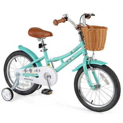 16-inch kids bike with training wheels and dual brake system, suitable for children aged 4 to 7 years, in bright colors.
