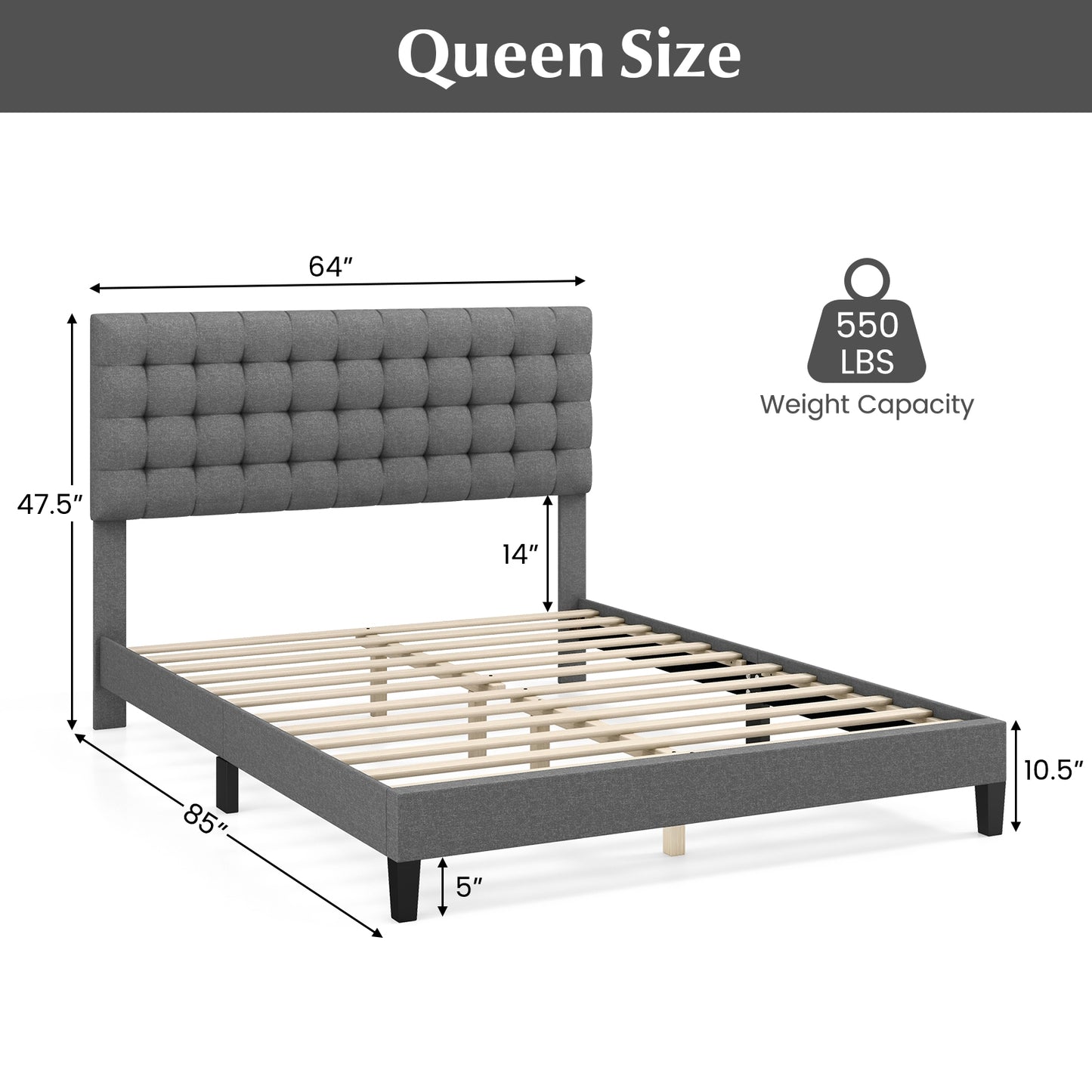 Queen Size Upholstered Platform Bed with Square Stitched Headboard