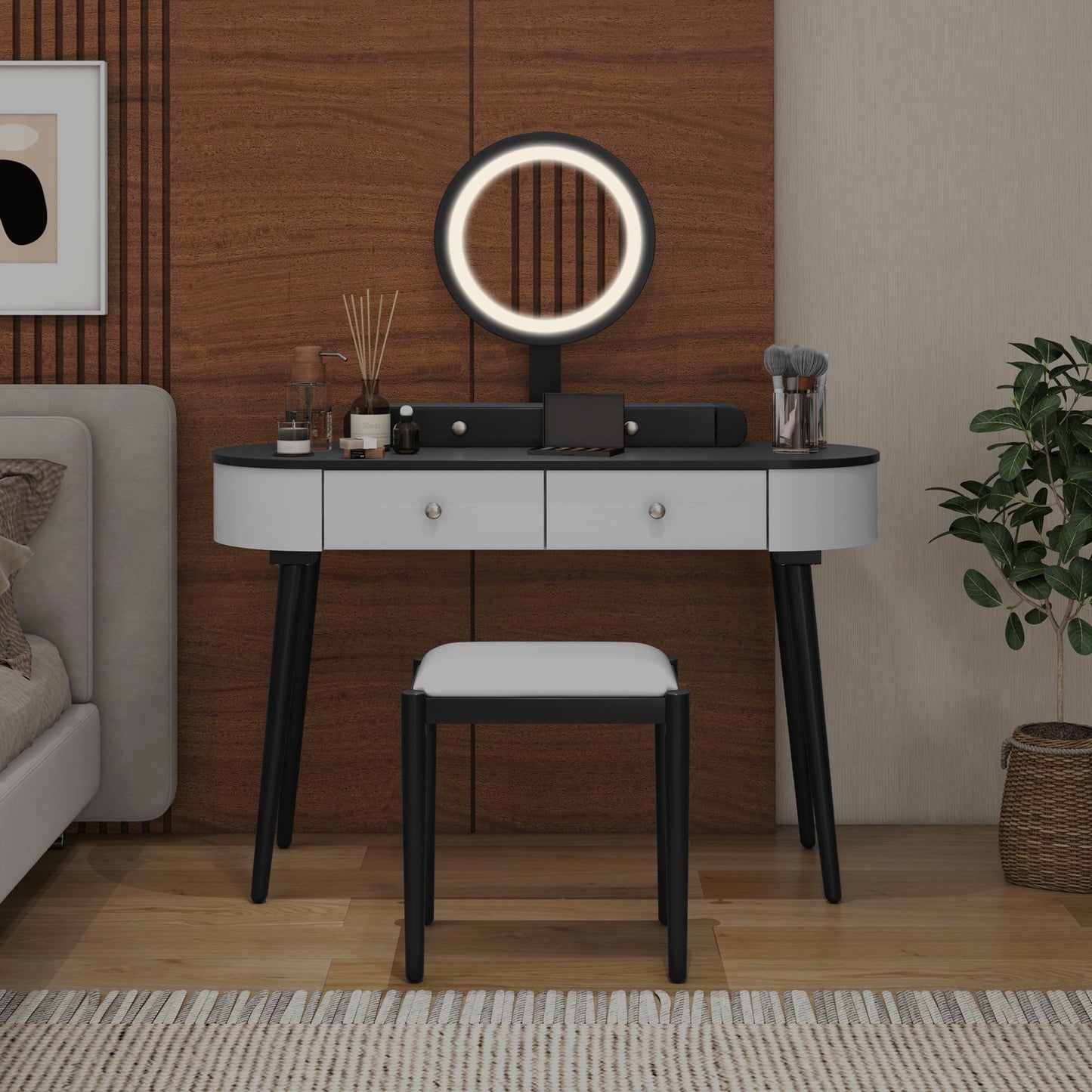 Makeup Vanity Table Set with LED Mirror and 3 Spacious Drawers-White-Dark Wood