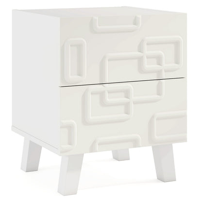 Modern Nightstand Side Table with Drawers and 3D Geometric Patterns-White