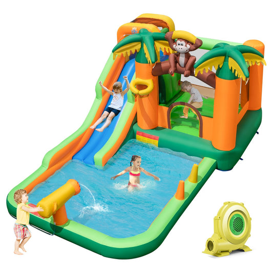 Colorful monkey-themed inflatable water slide with jumping area and pool, featuring a 680W blower, for outdoor fun.