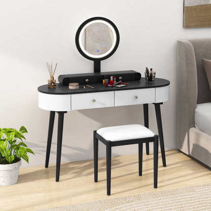 Makeup Vanity Table Set with LED Mirror and 3 Spacious Drawers-White-Dark Wood