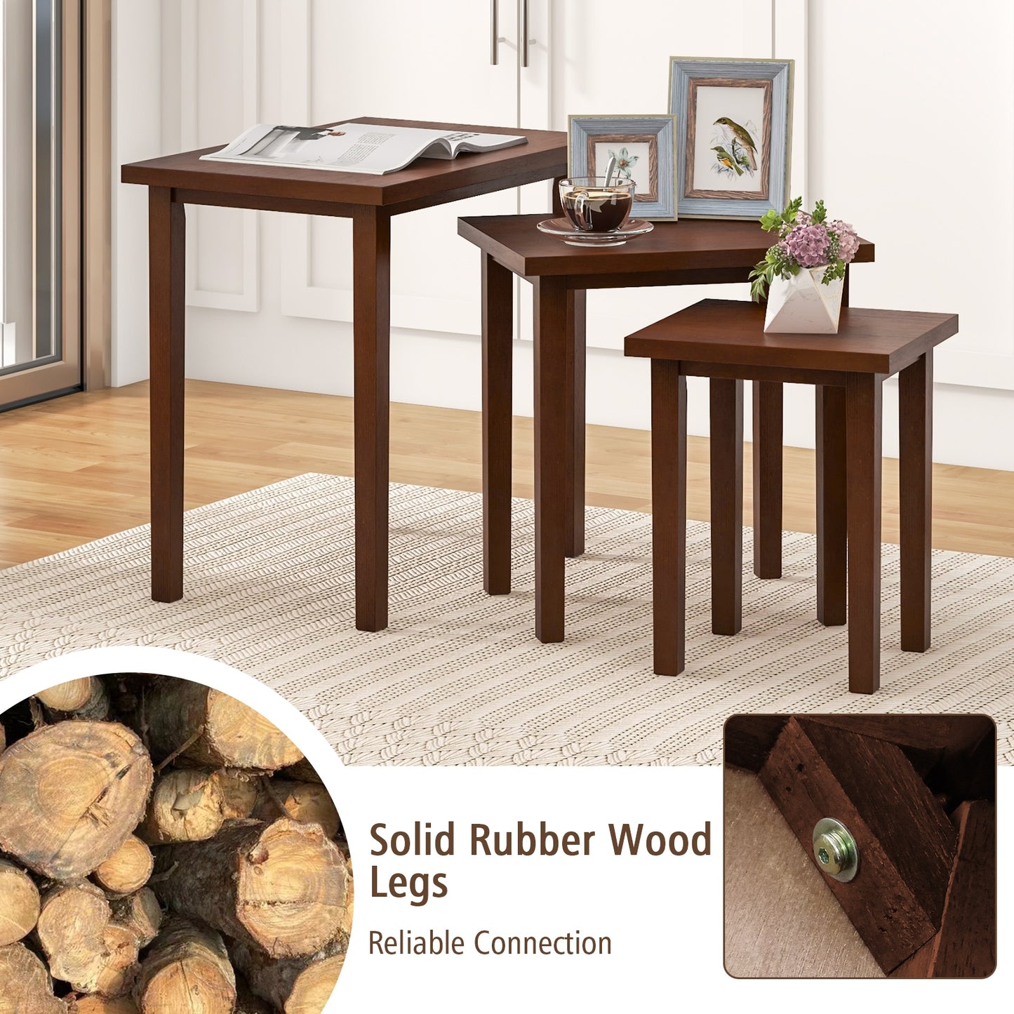3-Piece Farmhouse Rectangle Side Table Set for Living Room-Walnut