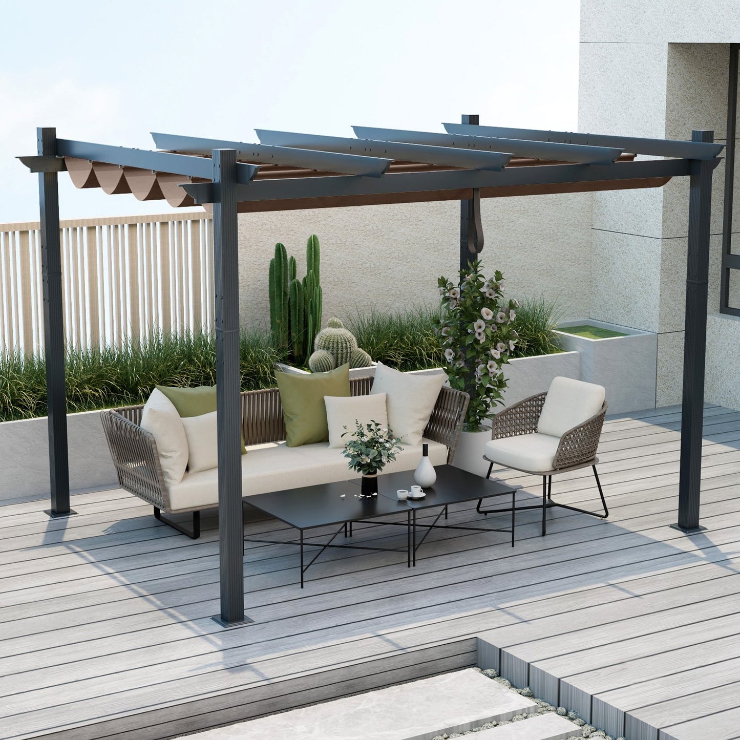 10 x 12 Feet Outdoor Aluminum Retractable Pergola Canopy Shelter Grape Trellis-Beige