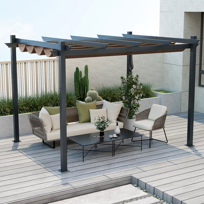 10 x 12 Feet Outdoor Aluminum Retractable Pergola Canopy Shelter Grape Trellis-Beige