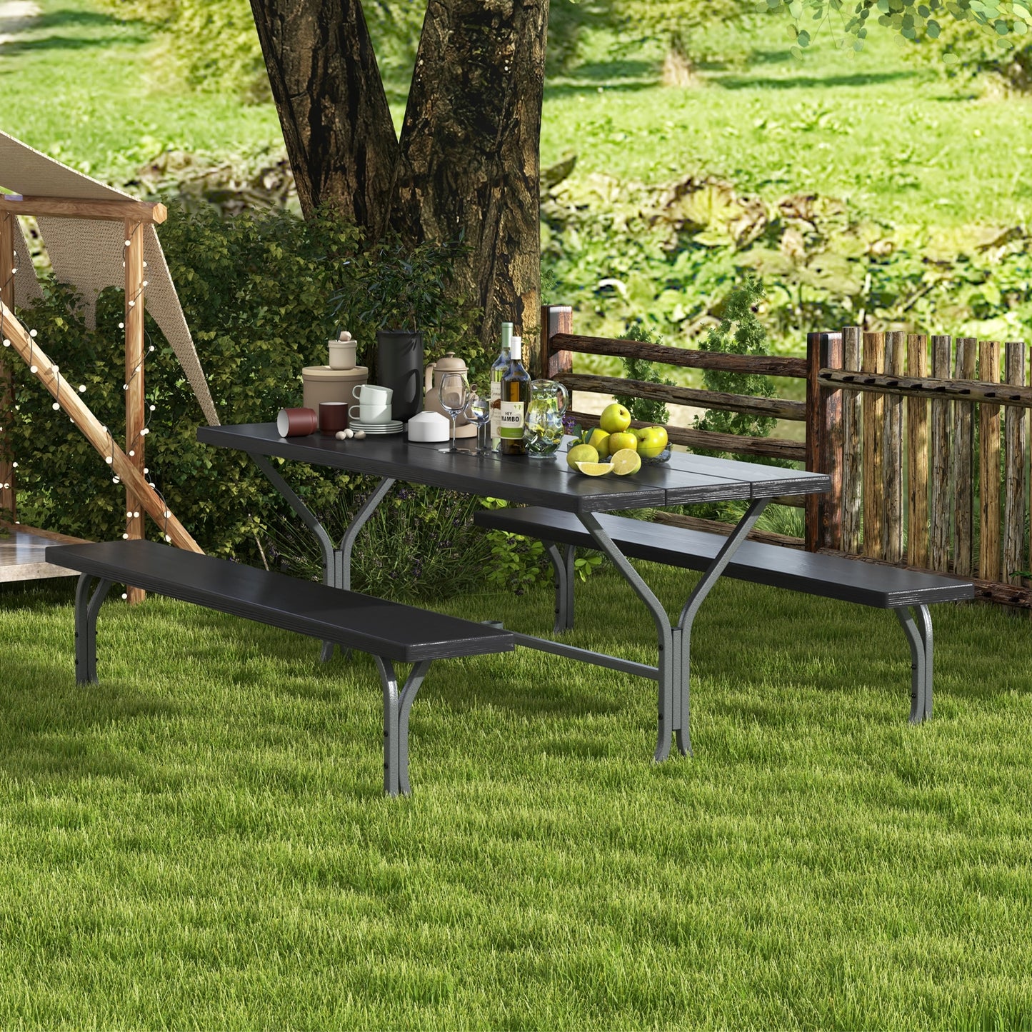 6 Feet Picnic Table Bench Set with HDPE Tabletop for 8 Person-Black