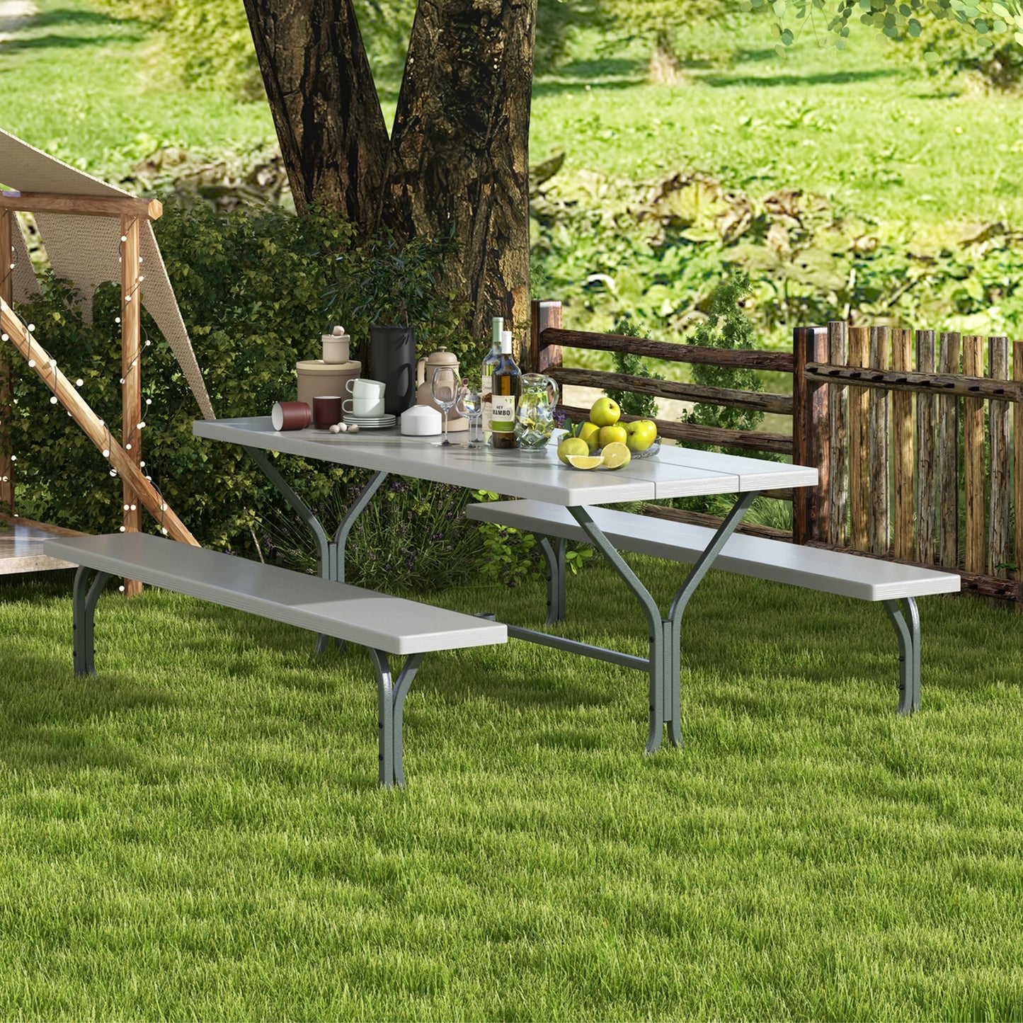 6 Feet Picnic Table Bench Set with HDPE Tabletop for 8 Person-Gray