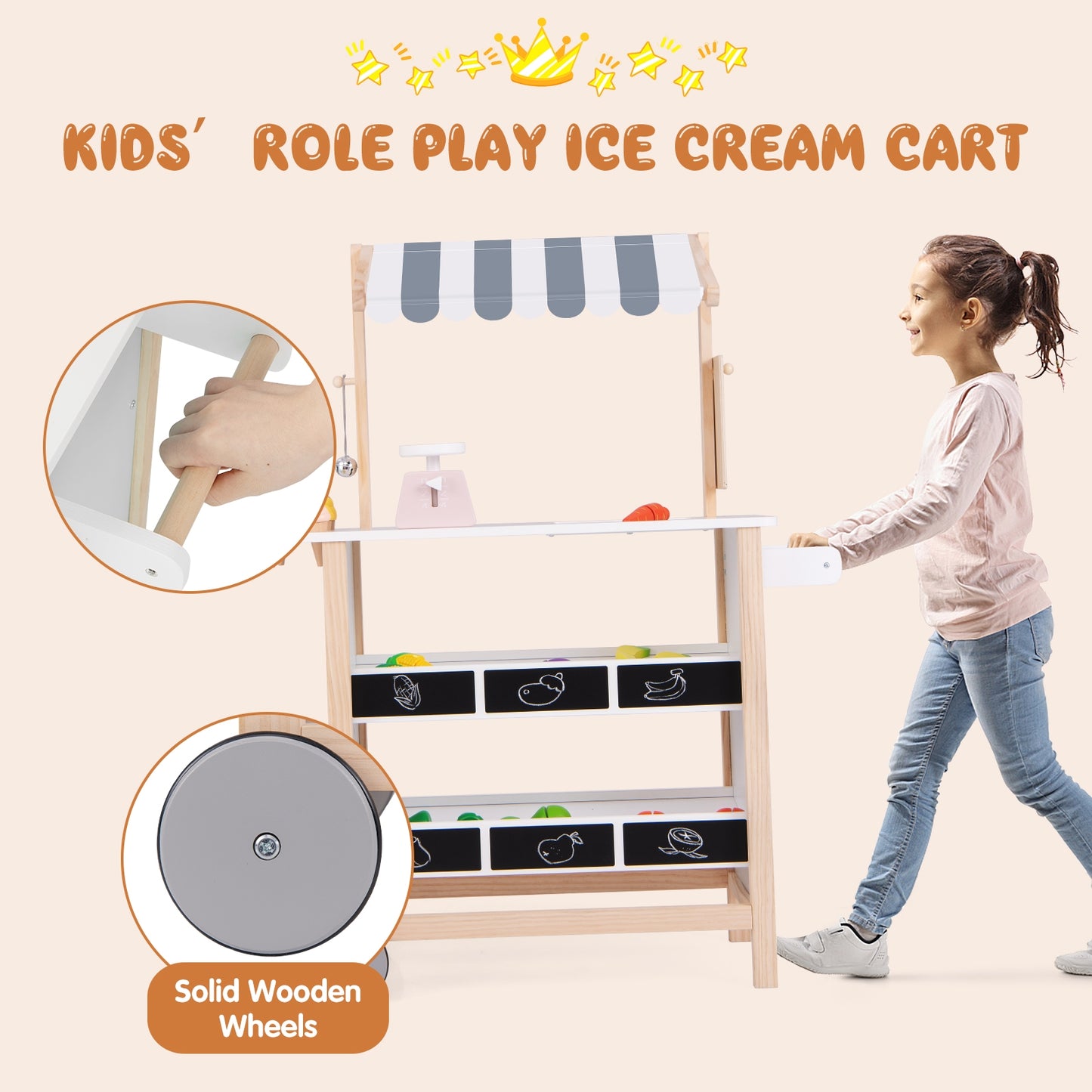 Kids Wooden Ice Cream Cart with Chalkboard and Storage for over 3 Years Old-White