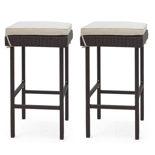 Patio Rattan Barstools Set of 2/4 with Footrest and Soft Cushions for Backyard Balcony-2 Pieces