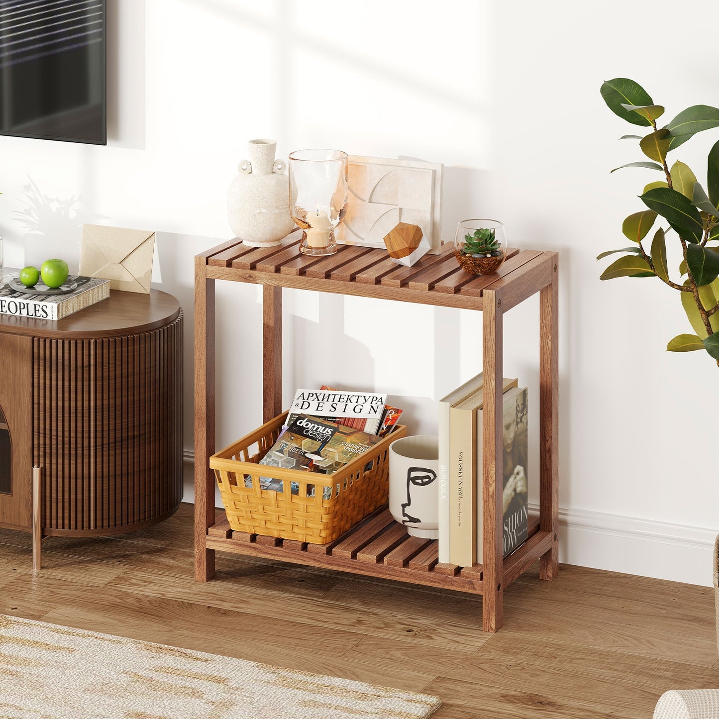 2/3-Tier Side Table Teak Wood Stand Utility Storage Shelf-2-tier