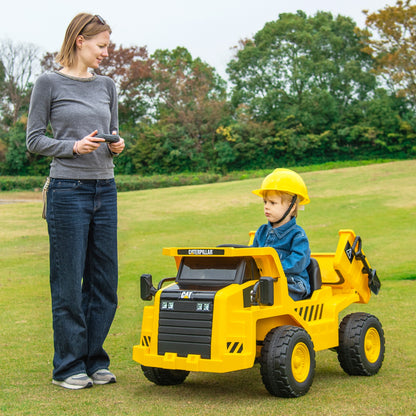 12V Caterpillar Licensed Kids Ride on Dump Truck with Tiltable Bump Bed-Yellow