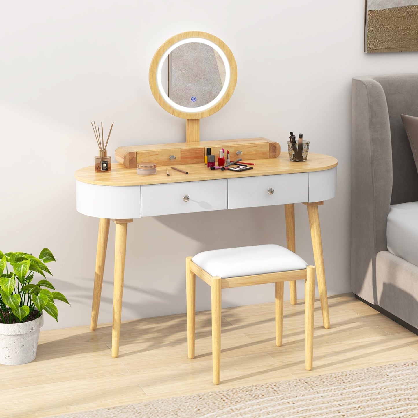 Makeup Vanity Table Set with LED Mirror and 3 Spacious Drawers-White-Natural Wood