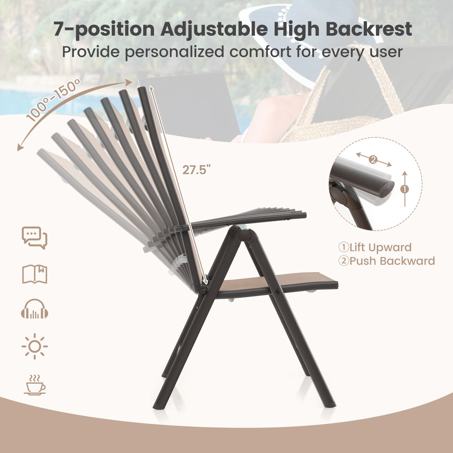 Patio Folding Dining Chairs Set of 2 with 7-Level Adjustable High Backrest-Coffee
