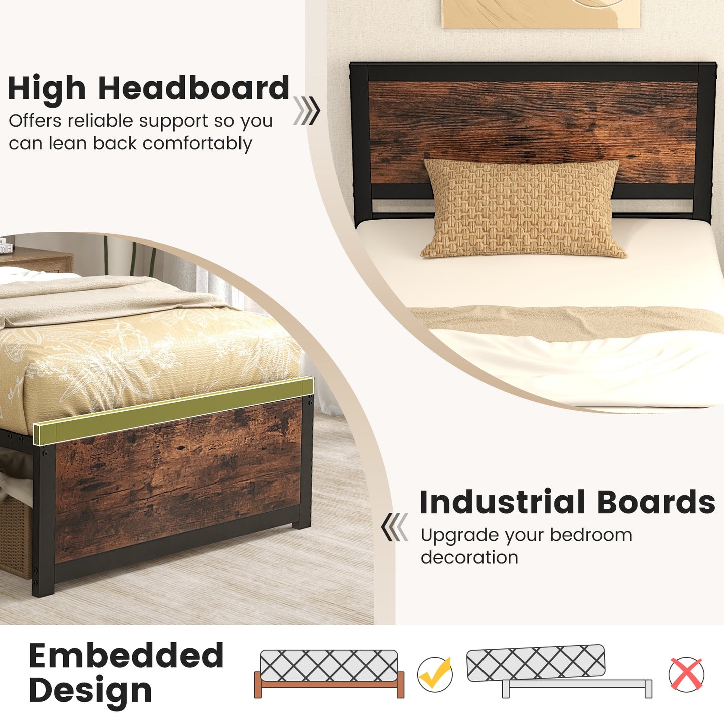Twin Size Bed Frame Metal with High Headboard and Mute Bars-Twin Size
