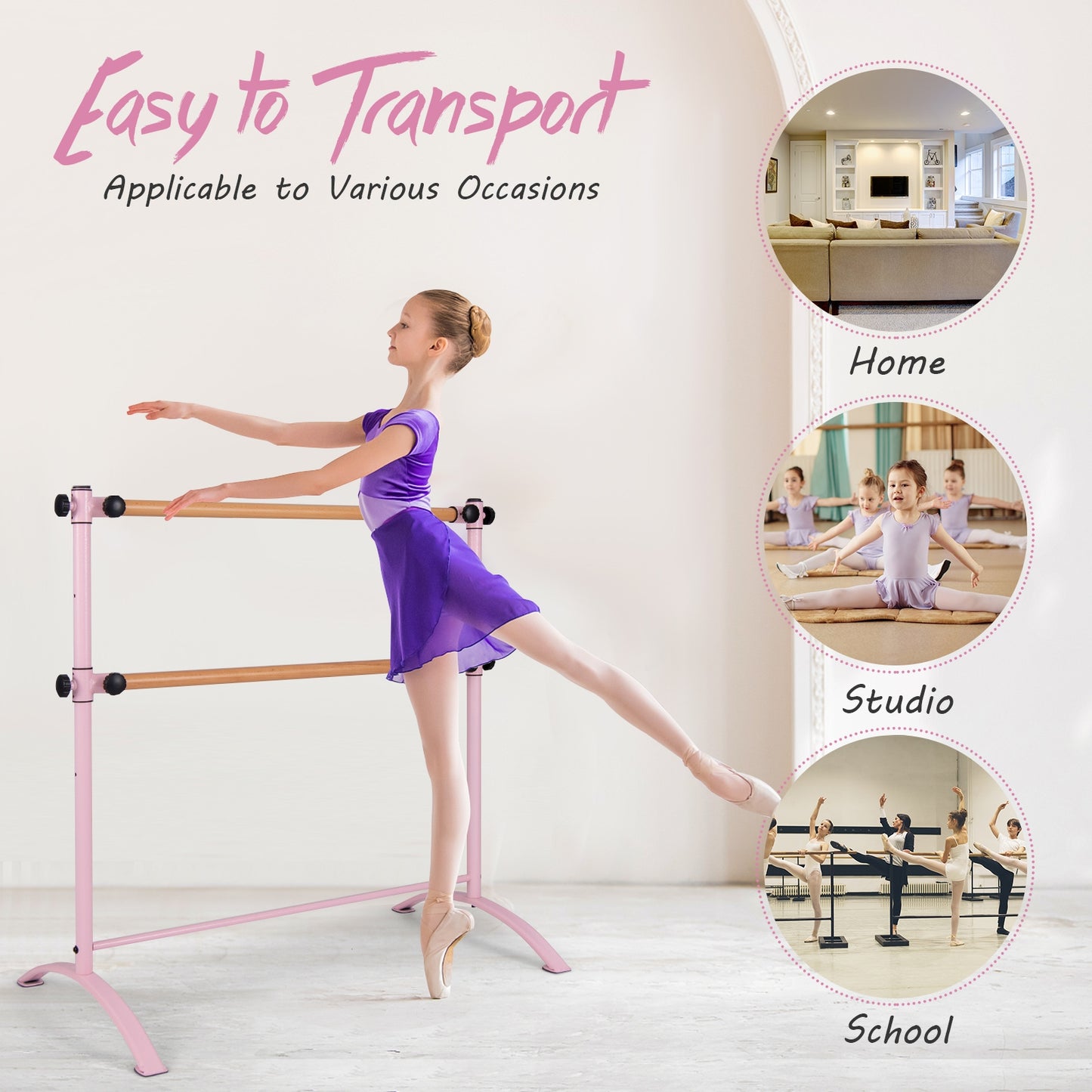 4 Foot Portable  Freestanding Double Ballet Barre-Pink