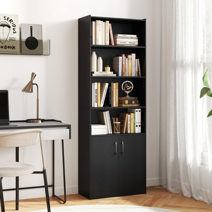 70 Inch Bookcase 6-Tier with Adjustable Shelves and 2-Door Cabinet-Black