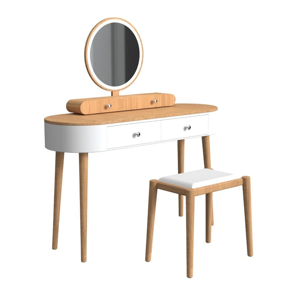 Makeup Vanity Table Set with LED Mirror and 3 Spacious Drawers-White-Natural Wood