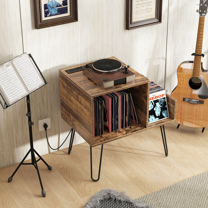 Mid-century Record Player Stand with Power Outlet and Vinyl Divider-Gray