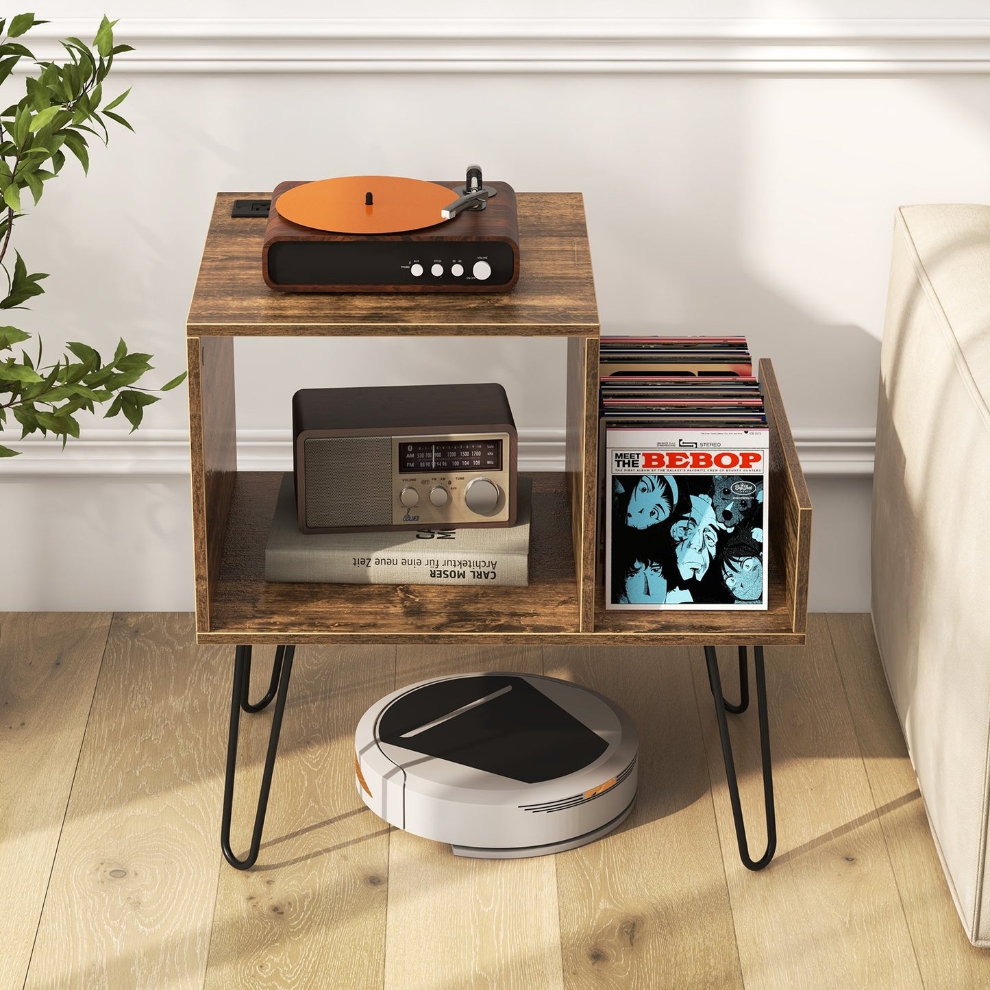 Mid-century Record Player Stand with Power Outlet and Vinyl Divider-Gray