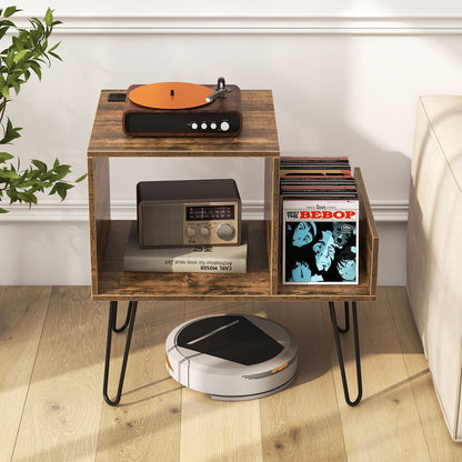 Mid-century Record Player Stand with Power Outlet and Vinyl Divider-Gray