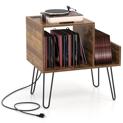 Mid-century Record Player Stand with Power Outlet and Vinyl Divider-Gray