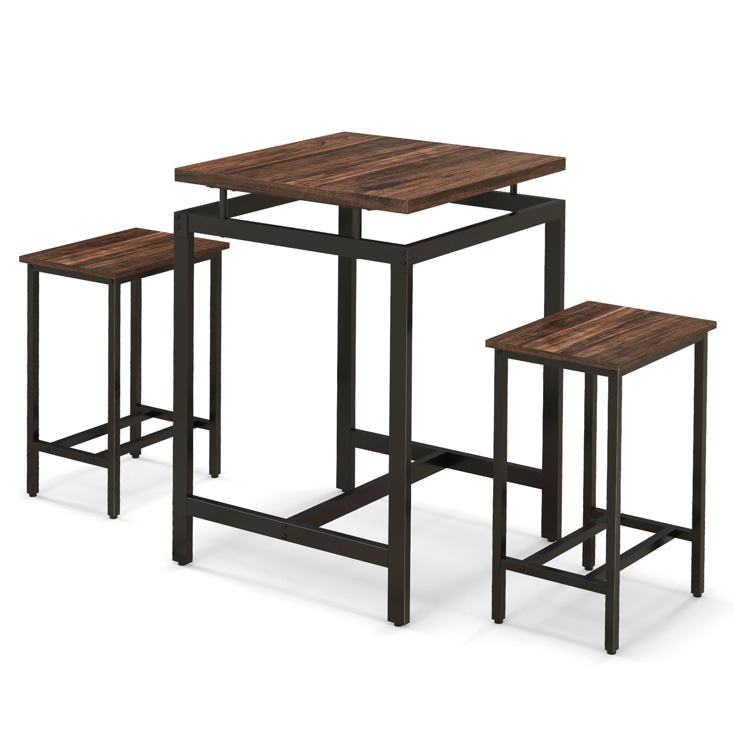 3 Pieces Pub Dining Table Set with Floating Tabletop and Footrest-Rustic Brown