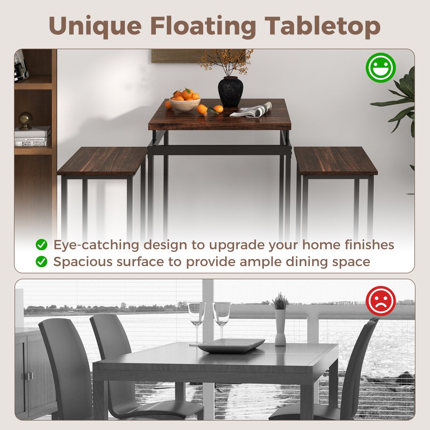 3 Pieces Pub Dining Table Set with Floating Tabletop and Footrest-Rustic Brown