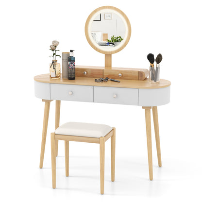 Makeup Vanity Table Set with LED Mirror and 3 Spacious Drawers-White-Natural Wood
