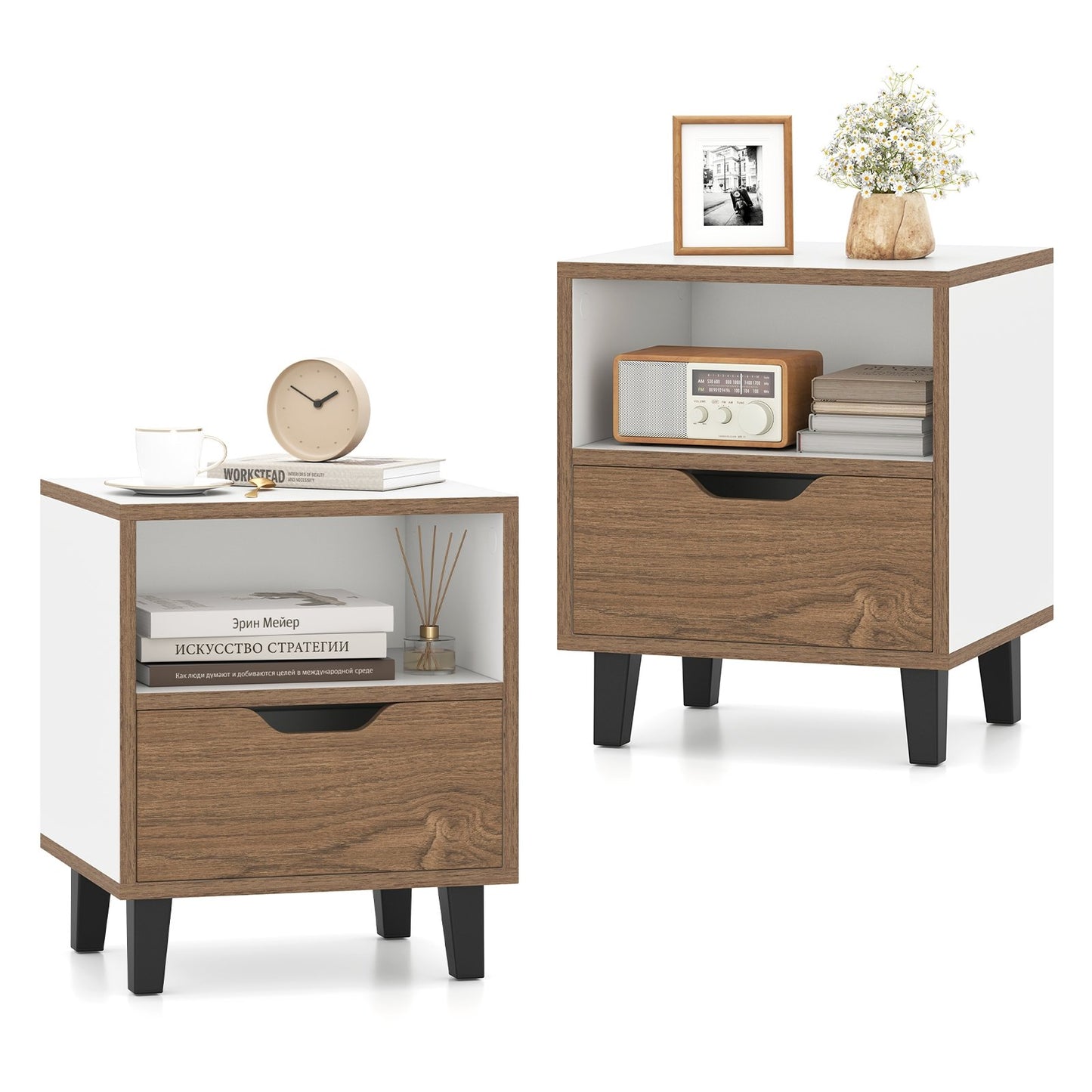 Nightstand Set of 2 with Drawer and Open Storage Shelf for Bedroom-White