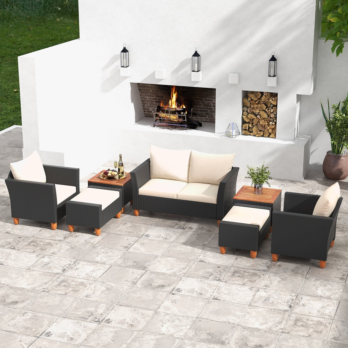 White 7-piece patio furniture set with PE rattan sectional sofa, armchairs, and table for outdoor outdoor patio conversation.