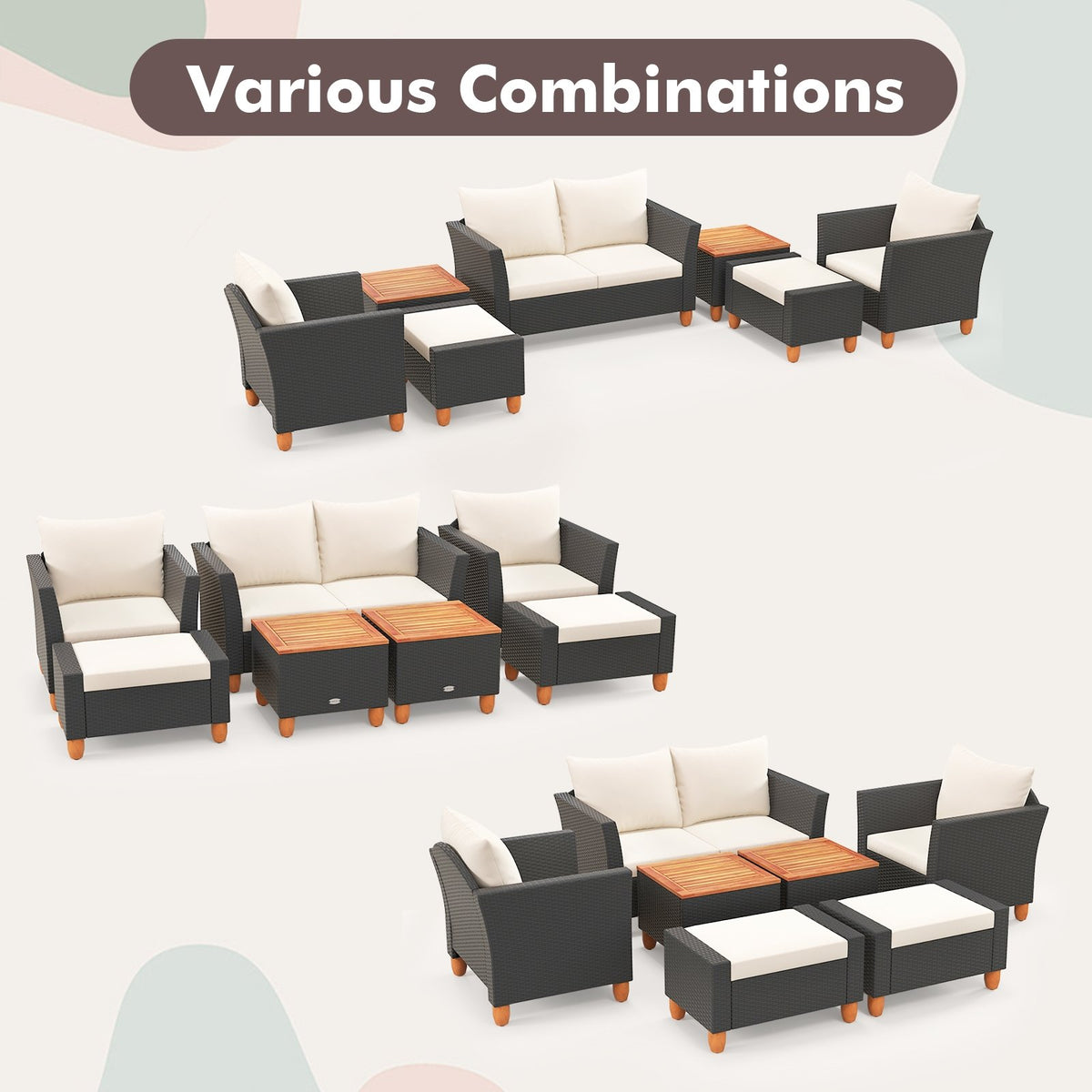 Seven-piece white PE rattan patio furniture set with sectional sofa, armchairs, and table for outdoor conversation areas