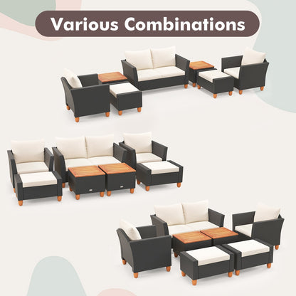 Seven-piece white PE rattan patio furniture set with sectional sofa, armchairs, and table for outdoor conversation areas