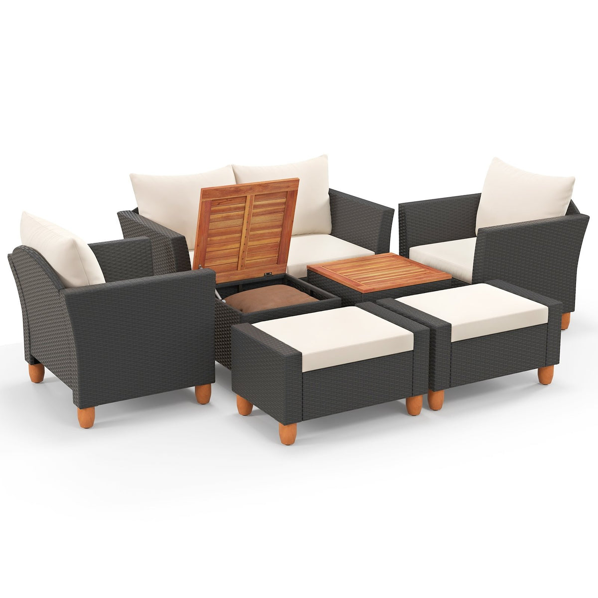 Seven-piece white outdoor patio furniture set with rattan sectional sofa, armchairs, and table from Wilsons Home Store.