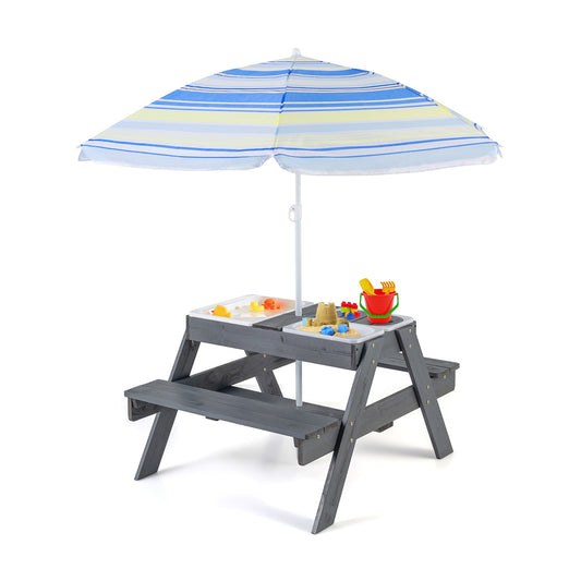 Kids Picnic Table Set with 3 Removable Bins-Gray
