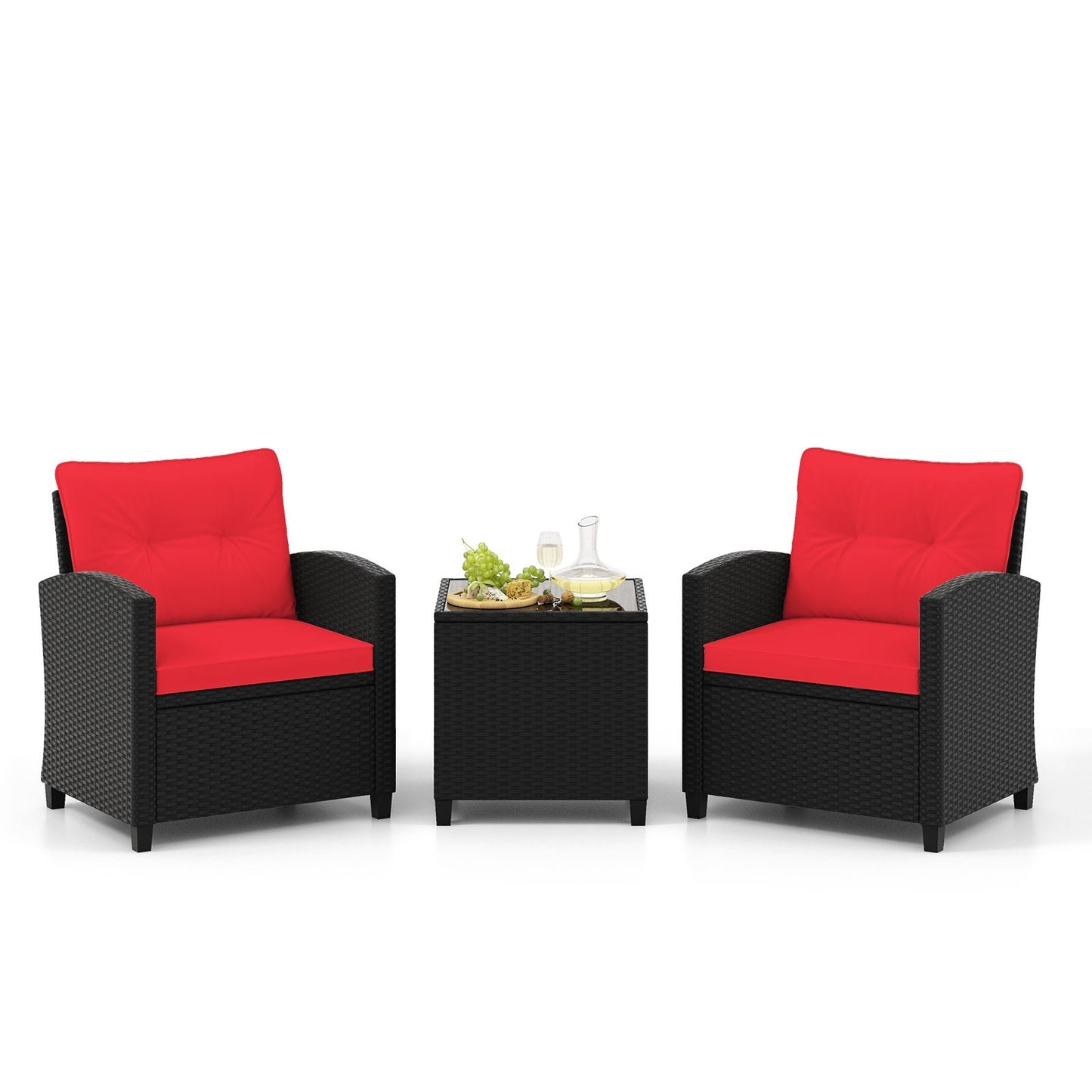 3 Pieces Patio Furniture Set with Tempered Glass Coffee Table-Black